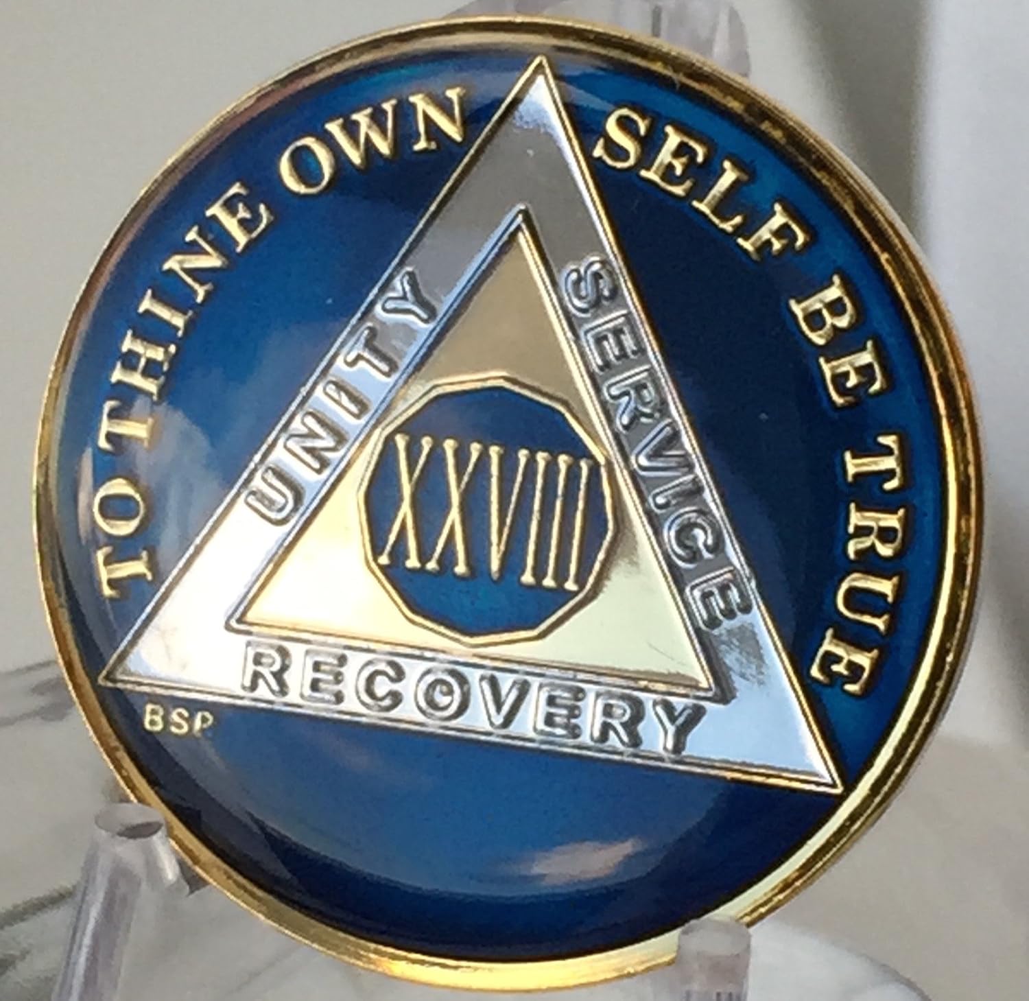 28 Year Midnight Blue AA Alcoholics Anonymous Medallion Chip Tri Plate Gold & Nickel Plated