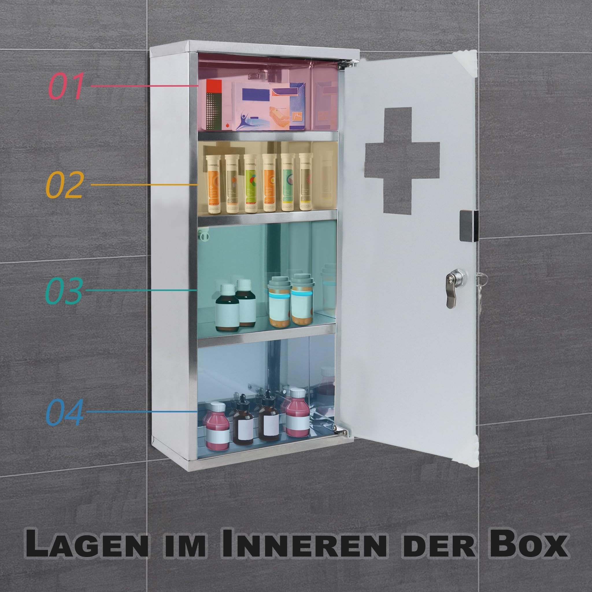Armoire à pharmacie en acier inoxydable avec 4 compartiments - 30 x 12 x 57,5 cm