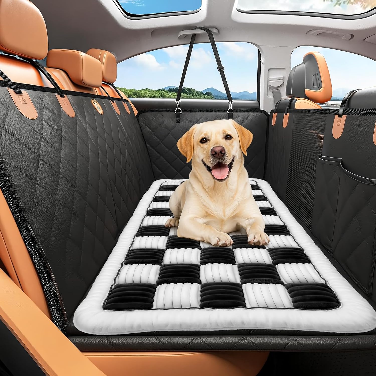 Backseat Dog Bed Non-Slip, Back Seat Pet Mat, Soft and Comfortable Dog Seat Covers for Travel, Pet Car Blanket for Backseat Extender and Seat Covers (Black&White, 51.2"x24.6")