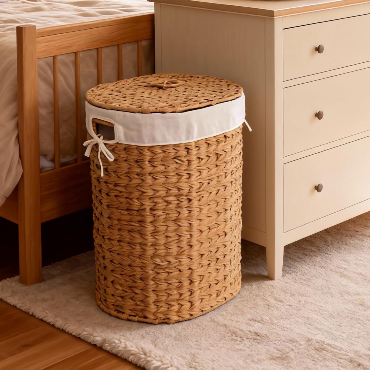 Nivora Resin Wicker Oval Laundry Hamper, Brown with Lid and Handles – Woven Clothes Basket for Bedroom, Bathroom, or Closet Laundry Storage