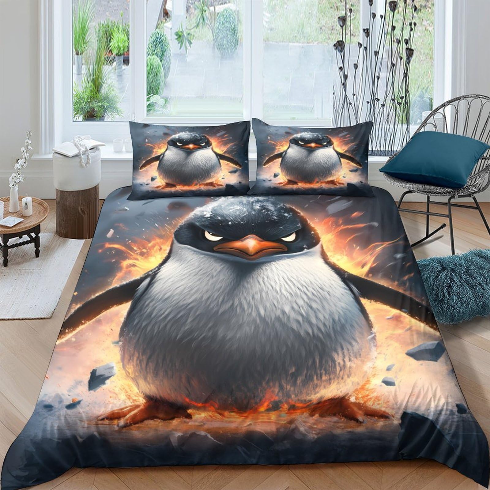 Ctjqhvkz Style-10 3D Printed Angry Penguin Fitted Sheet Microfiber Soft Mattress Cover Fire Pattern For Bedroom Decor Dorm Use Single（135X200cm）