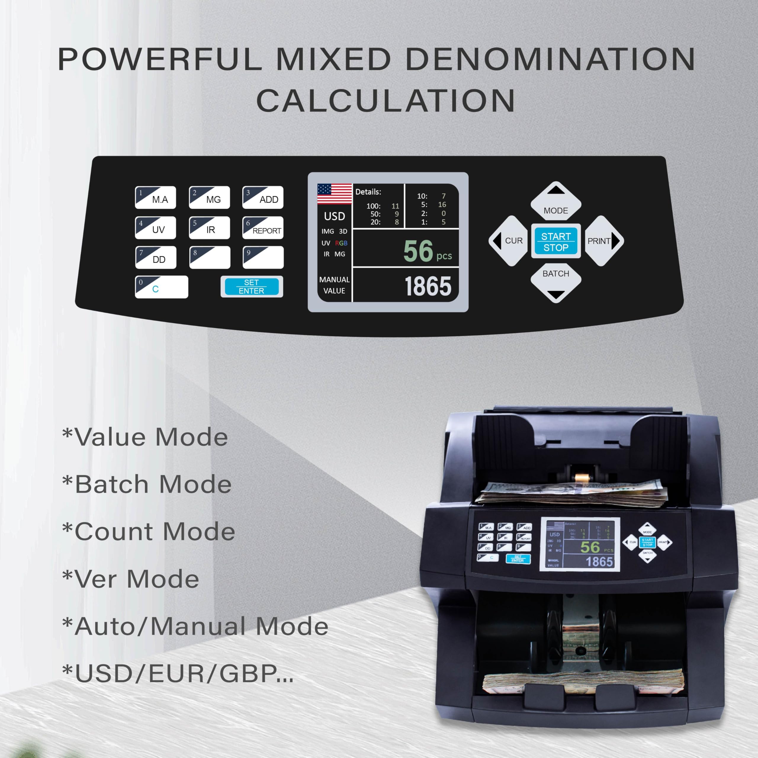 CRONY Money Counter Machine Banknote - H-8600 Value Mix Counting, Sorting  denomination Calculation For Any Currency AED USD EUR SAR, Counterfeit Bill  Detection Cash Counting with ≤1200bills/min : Amazon.ae: Office Products
