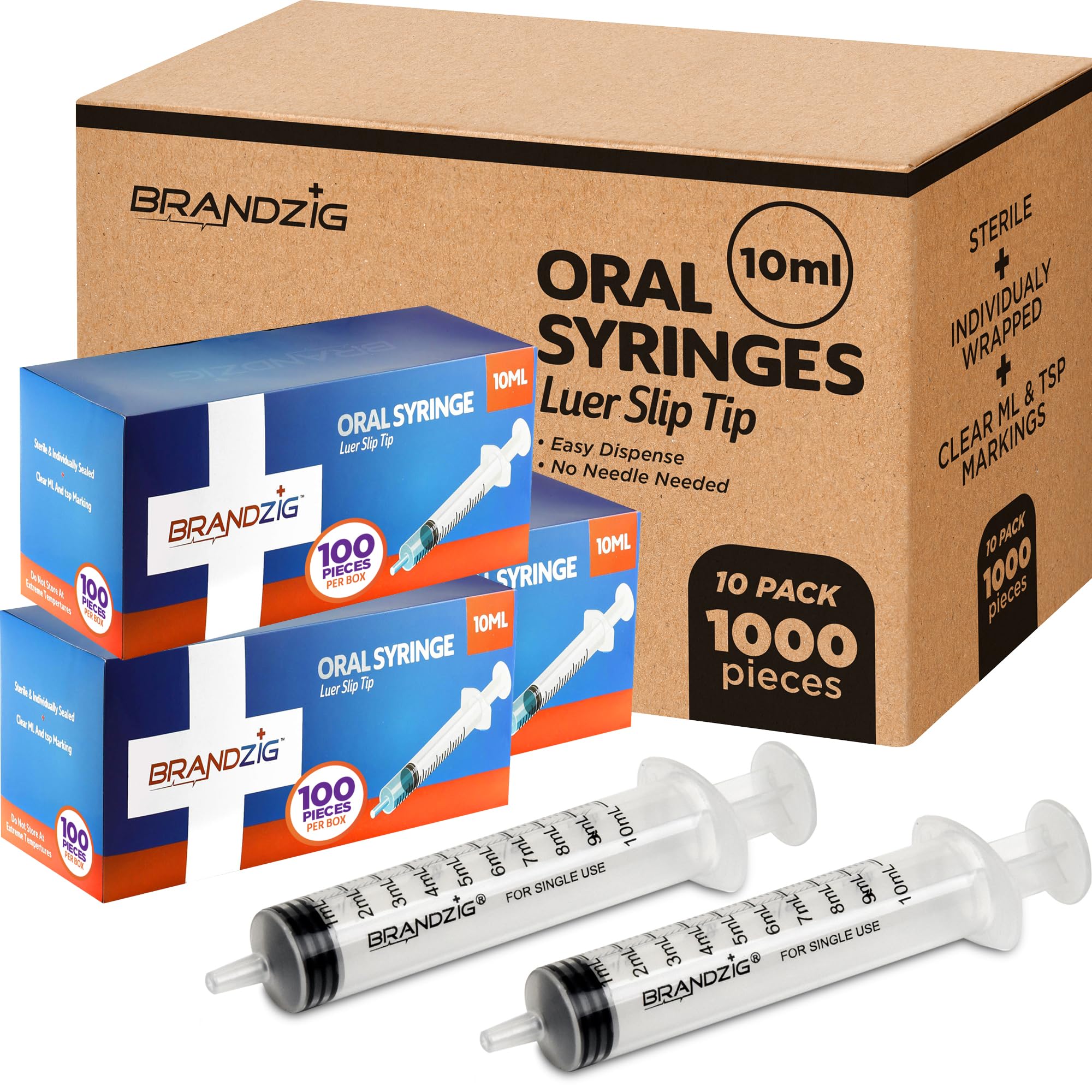 Photo 1 of 1000 PCS - 10ml Oral Syringes – Luer Slip Tip, No Needle, Individually Blister Packed - Medicine Administration For Infants, Toddlers and Small Pets (No cover) - Bulk Case - 10 boxes of 100 PCS (1,000 pcs)