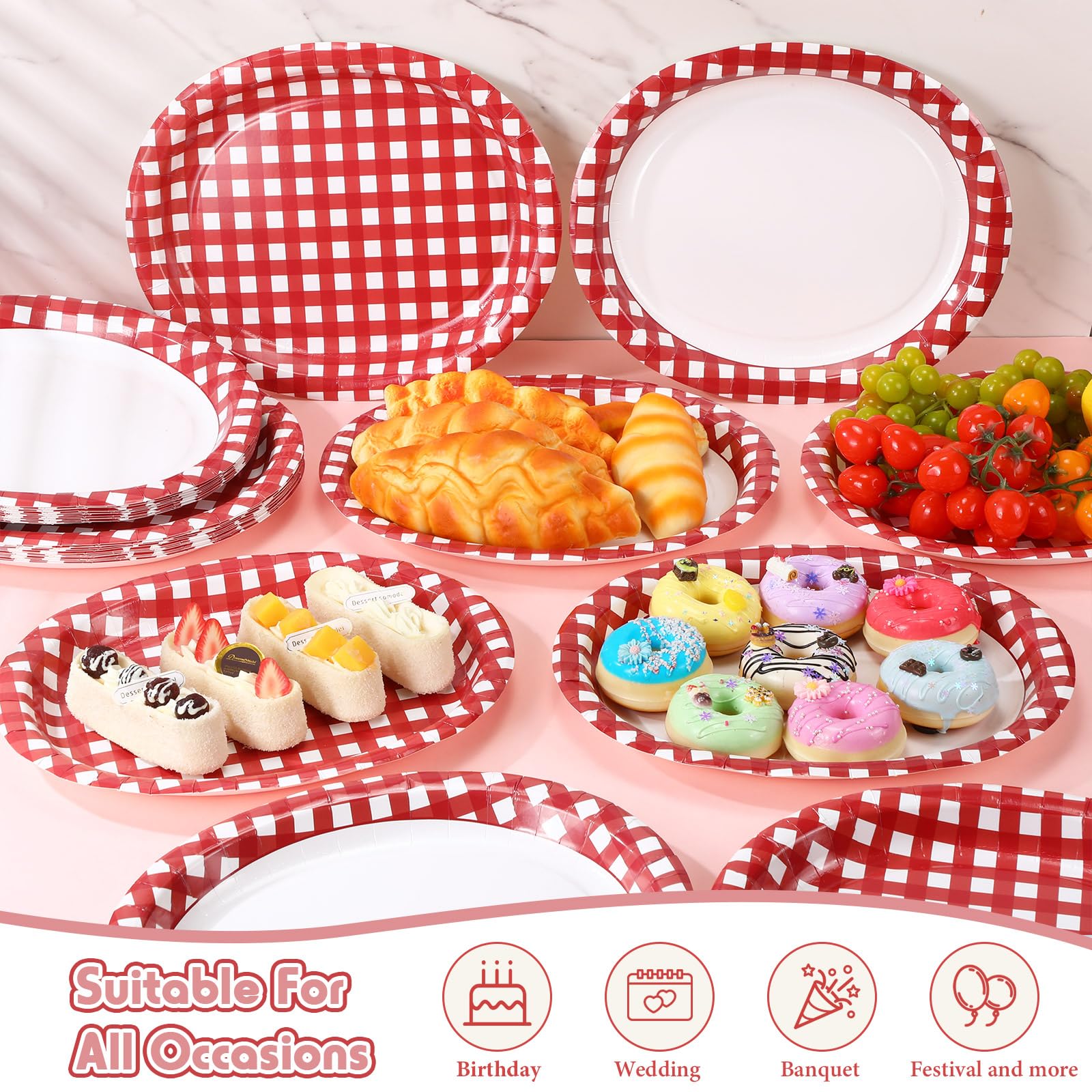 Havawish 100 Stück rot karierte robuste ovale Pappteller, 25,4 x 30,5 cm, groß, Einweg-Servierung, für Hochzeit, Brautparty, Babyparty, Geburtstag, Blumenmuster, Weihnachten, Partyzubehör