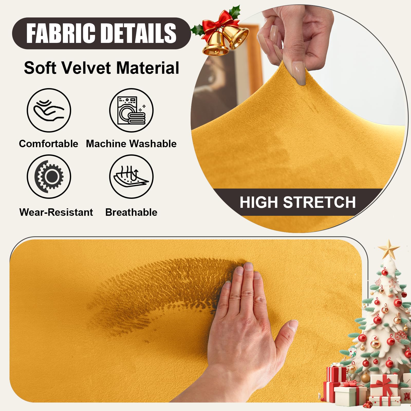 Copripoltrona Elasticizzato Copridivano 1 Posto con Braccioli, Velluto Fodera per Poltrona/Ottomana/Sedile con 4 Corde Antiscivolo (Gold,Chair+Seat+Ottoman Sq S)
