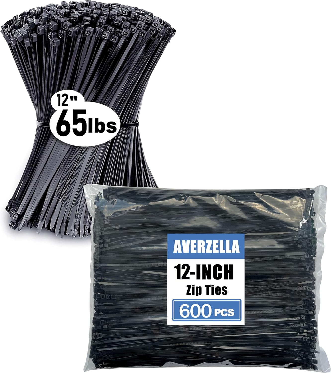Strong Heavy Duty Zip Ties 12 Inch (600-Pack) -65LB Tensile Strength- Industrial Large Cable Ties for Outdoor Use, Long All-Weather Nylon Ties (Black)