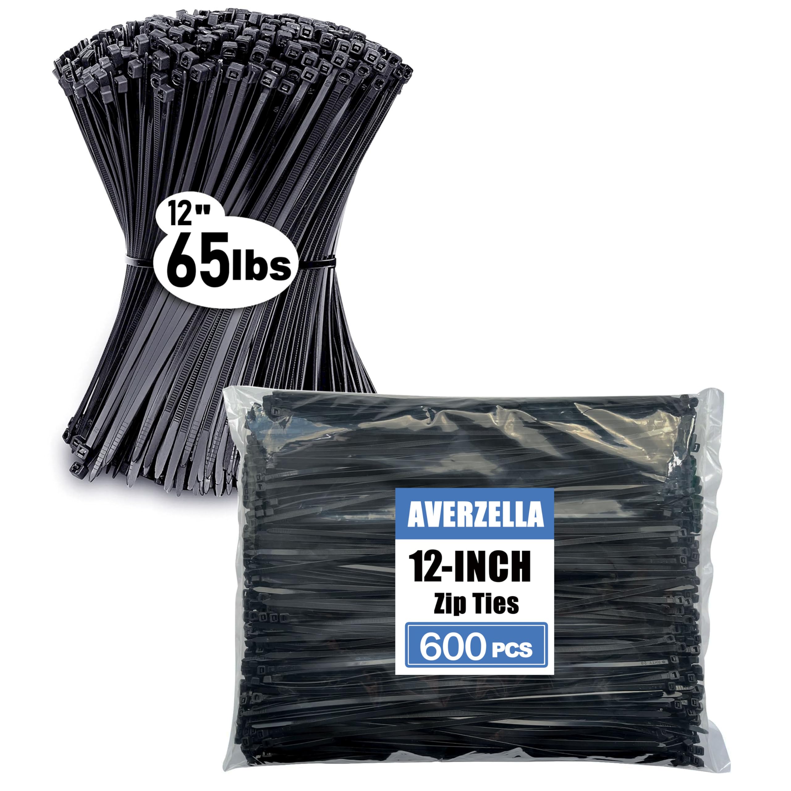 AVERZELLA Strong Heavy Duty Zip Ties 12 Inch (600-Pack) -65LB Tensile Strength- Industrial Large Cable Ties for Outdoor Use, Long All-Weather Nylon