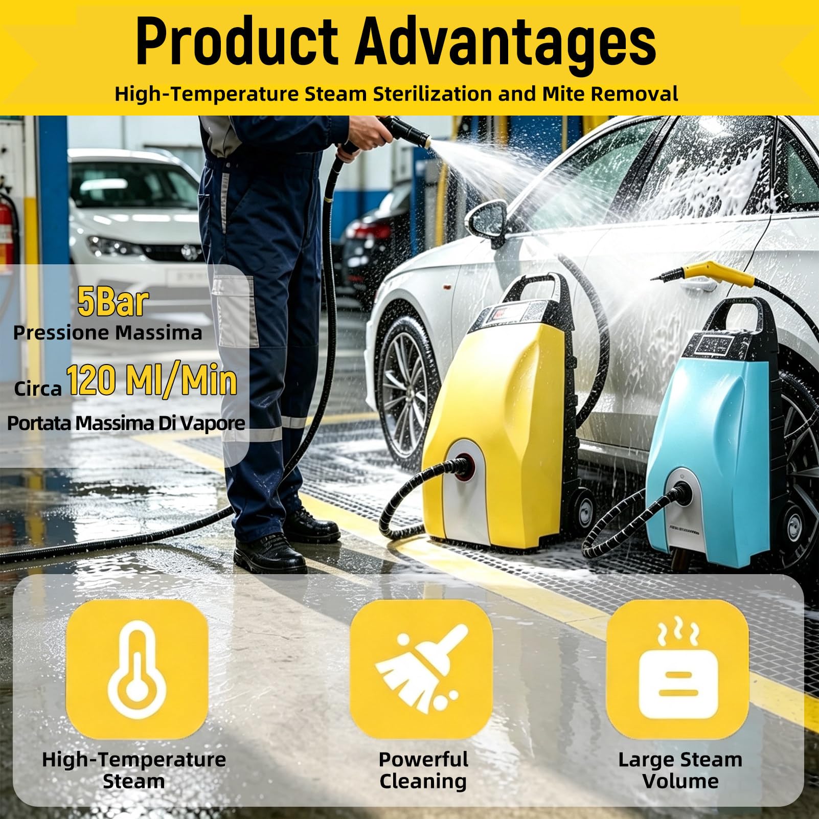 Pulitore a Vapore ad Alta Pressione per Uso Professionale. Yellow | Pulitore a vapore portatile, serbatoio capiente da 3,5 l, 6 accessori inclusi, per pavimenti, grasso e griglie.