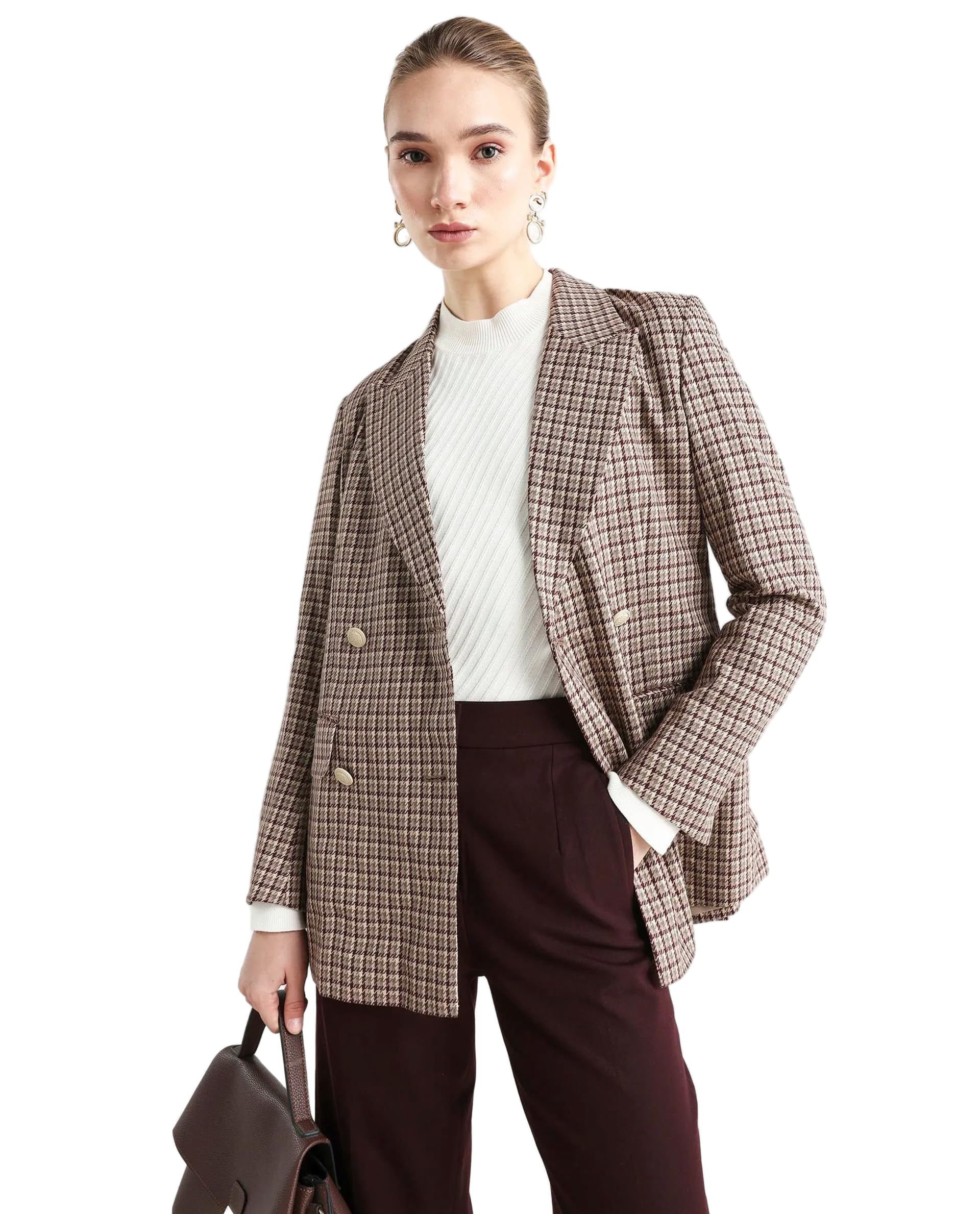 rareism Women Regular Fit Brown Plaid Polyester Notch Lapel Blazer-picture-21