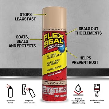 Flex Seal, 14 oz, Almond, Stop Leaks Instantly, Waterproof Rubber Spray On Sealant Coating, Perfect for Gutters, Wood, RV, Campers, Roof Repair, Skylights, Windows, and More