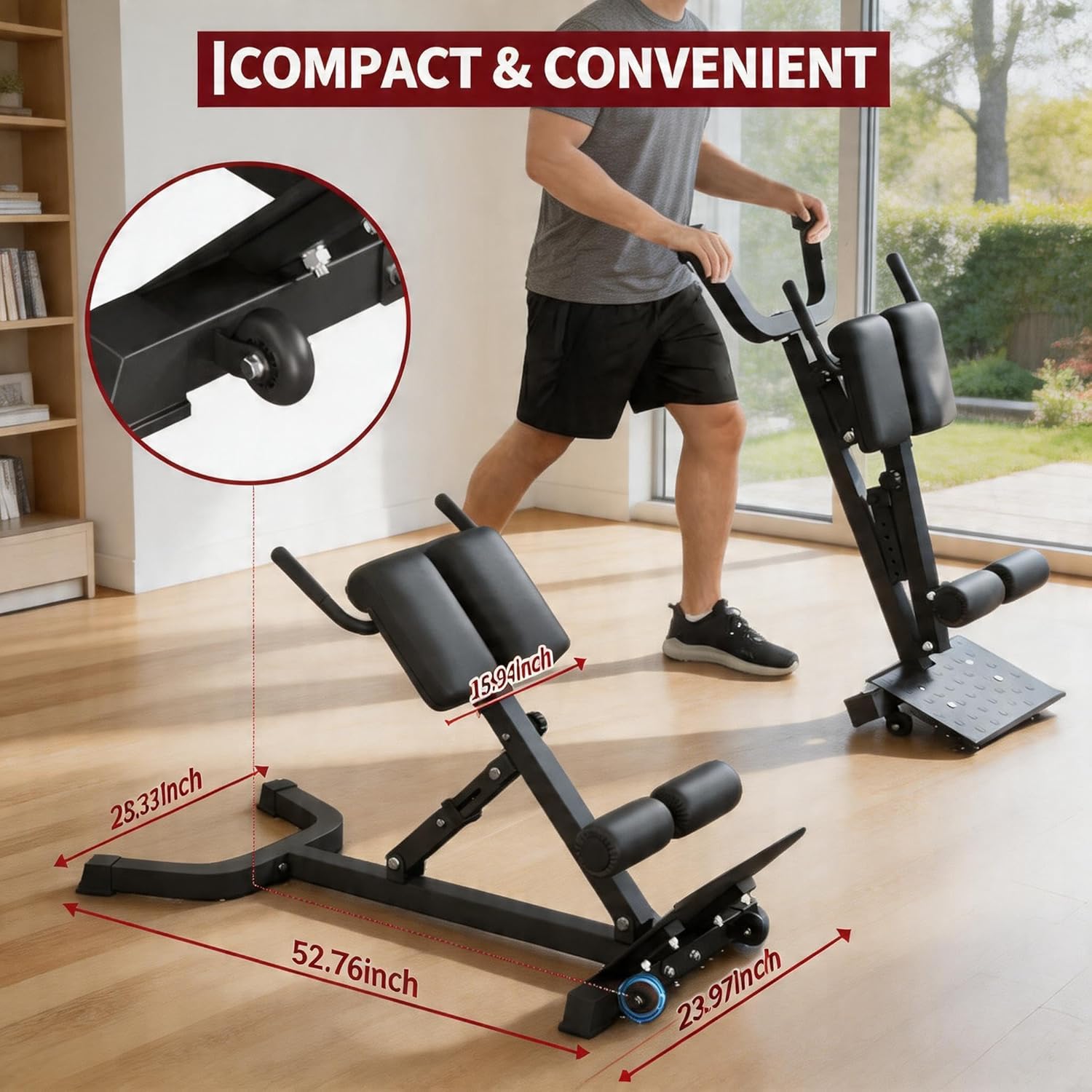 6 Height & 5 Angle Adjustable Roman Chair Hyperextension Bench - Multi-Function Back Extension Machine for Glutes, Hamstrings & Core - Foldable with Transport Wheels for Home Gym