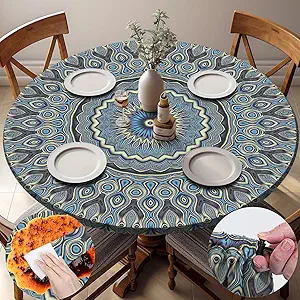 Drawstring Fitted Round Tablecloth for 36-44" Tables Outside Rustic Polyester Weather Proof Table Clothes Western Aesthetic Home Decoration Car Traveling Necessities Birthday Parties Finds