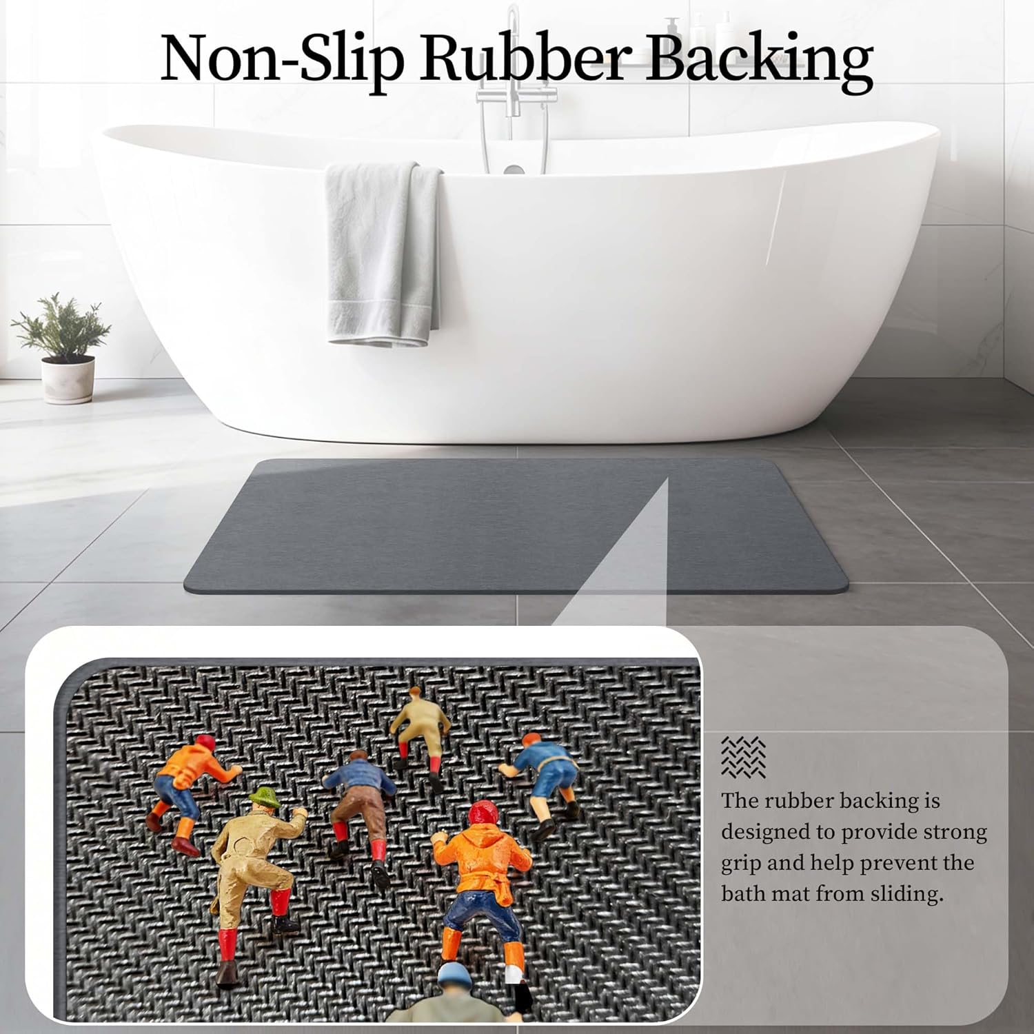 Dark Gray Stone Bath Mat with Rubber Bottom, 24''x16'' Diatomaceous Earth Shower Mat, Non Slip, Super Absorbent, Self-Quick-Drying, Easy to Clean for Bathroom/Ktichen - Image 3