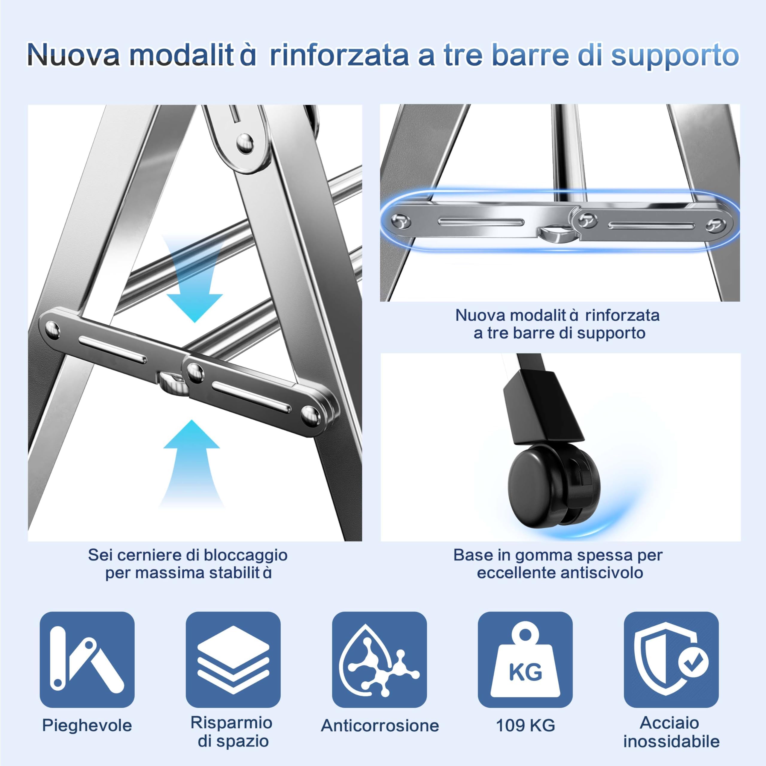 Kiseely Stendibiancheria pieghevole da 240cm per interni ed esterni, stendibiancheria pieghevole, stendibiancheria in acciaio inossidabile resistente, appendiabiti, 20 ganci e 12 clip (200cm)