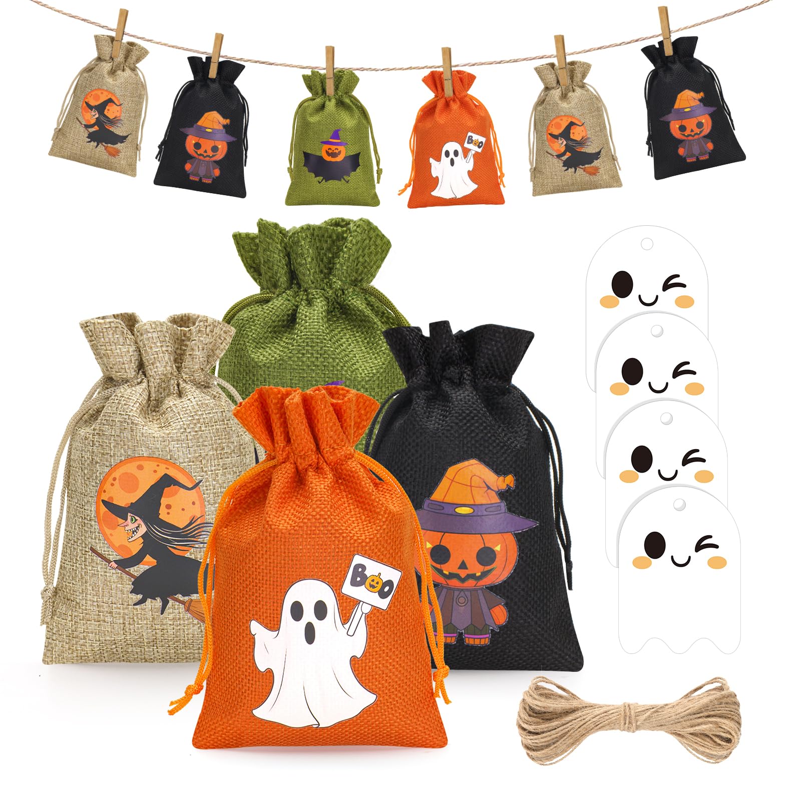 G2PLUS 24PCS Halloween Burlap Gift Bags, 10x15cm Treat Bags with Ghost Tags