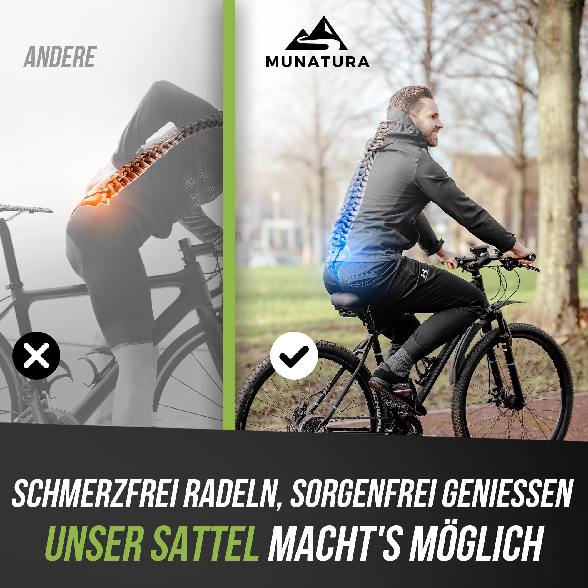 MUNATURA Premium Fahrradsattel – Extra Bequem & Ergonomisch – Mit Memory Foam & Federung, Wasserdicht & Stoßdämpfend – Perfekter Sattel für Herren & Damen, E-Bike & Citybike