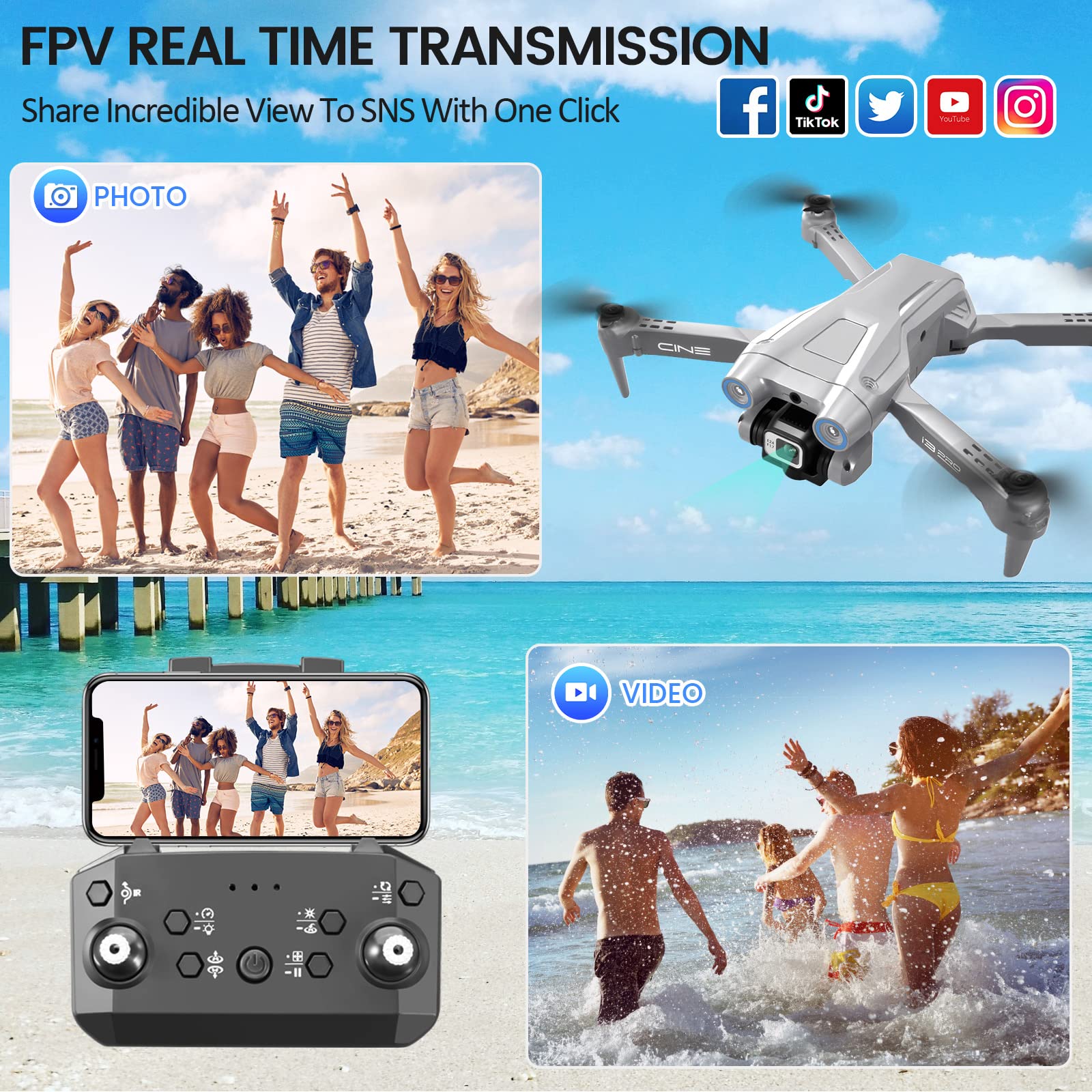 Drone pieghevole con fotocamera per principianti, RC Quadcopter drone con app WIFI FPV Live Video, atteggiamento dell'altezza, modalità headless One-Key, atterraggio per adulti e bambini