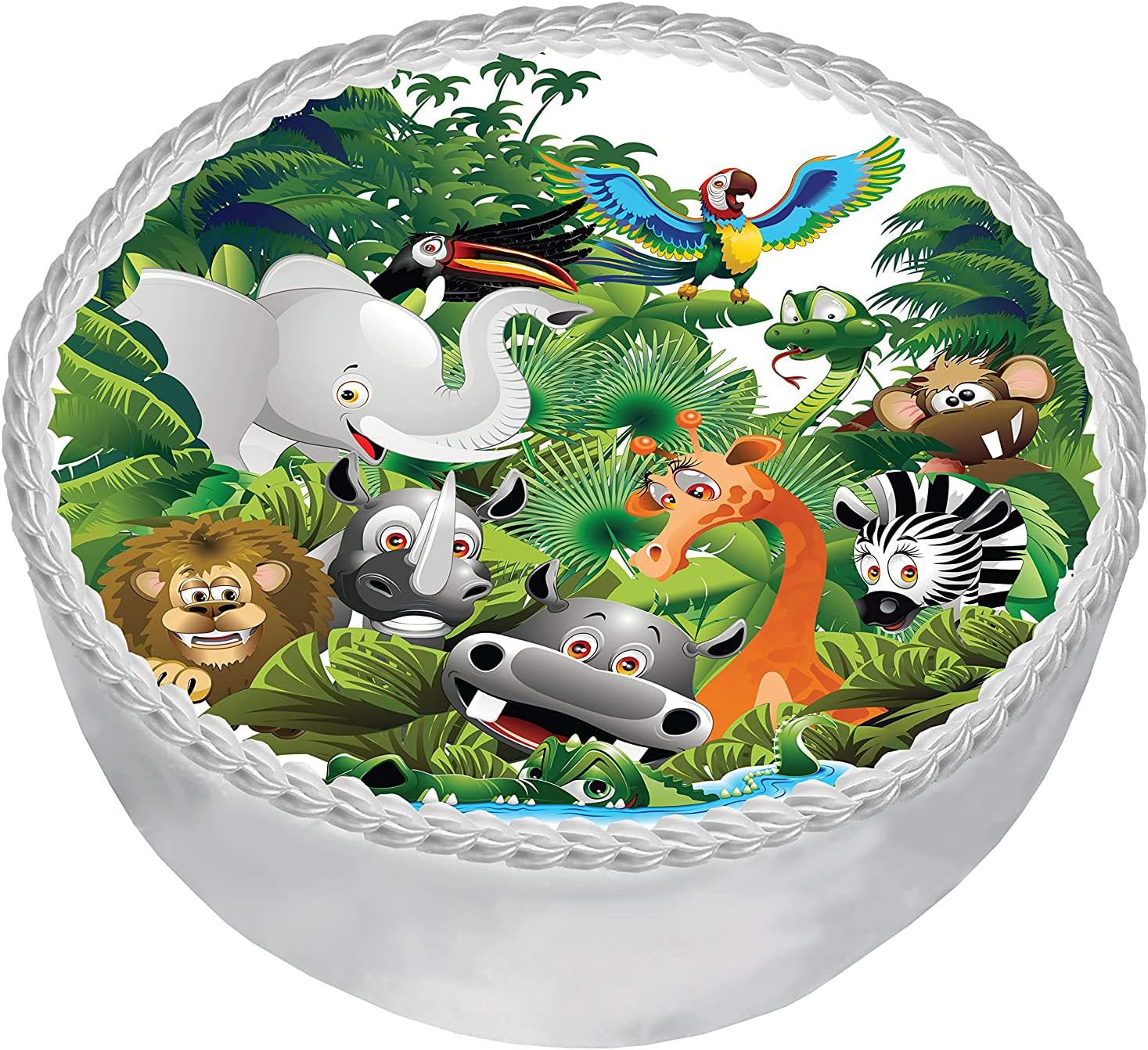 PRE-CUT JUNGLE ANIMALS CAKE B IX. TOPPER 7" / 18CM EDIBLE RICE/WAFER PAPER DESSERT BIRTHDAY PARTY SUMMER KIDS CHILDREN AFRICAN SAFARI DECORATIONS