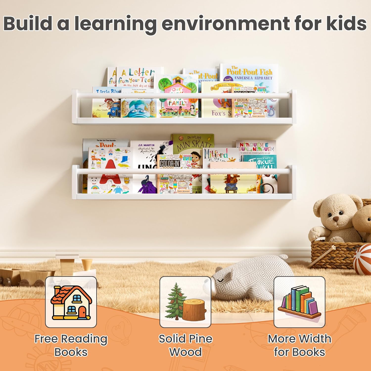 upsimples 2 Pack Nursery Book Shelves, 23.6 Inch Floating Bookshelves for Wall, Baby Nursery Decor, Small Solid Wood Wall Mounted Shelves for Baby Kids Boys Girls, White