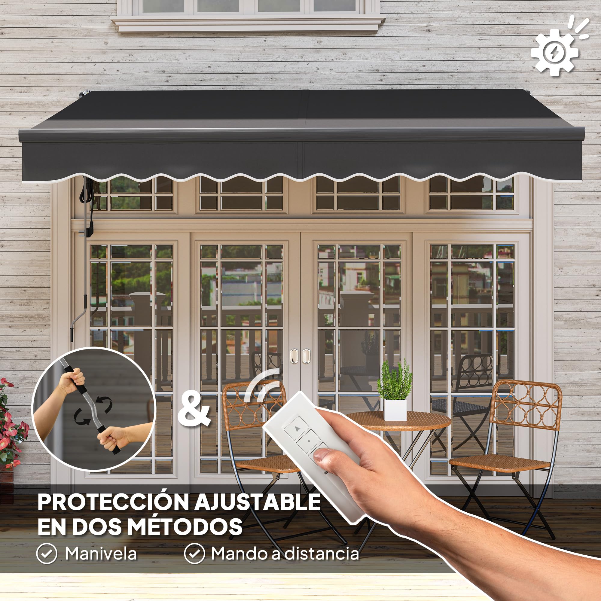 Outsunny Toldo Eléctrico Retráctil y Manual Exterior Terraza 3x2,5m Gris | Con Mando a Distancia, Enrollable con Manivela, Marco de Aluminio, Protección UV30+, para Jardín Puerta Ventana