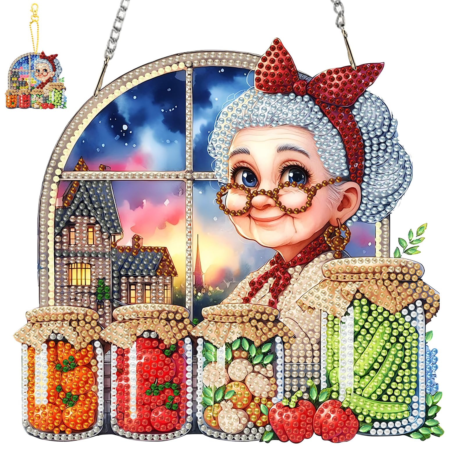 TLIOBLO Grandma Hanging Diamond Art and Key Chains Pendants Boards, Special Shaped Food Diamond Painting Hanging Sign with Chain, Double-Sided Ornaments Window Door Home Decor