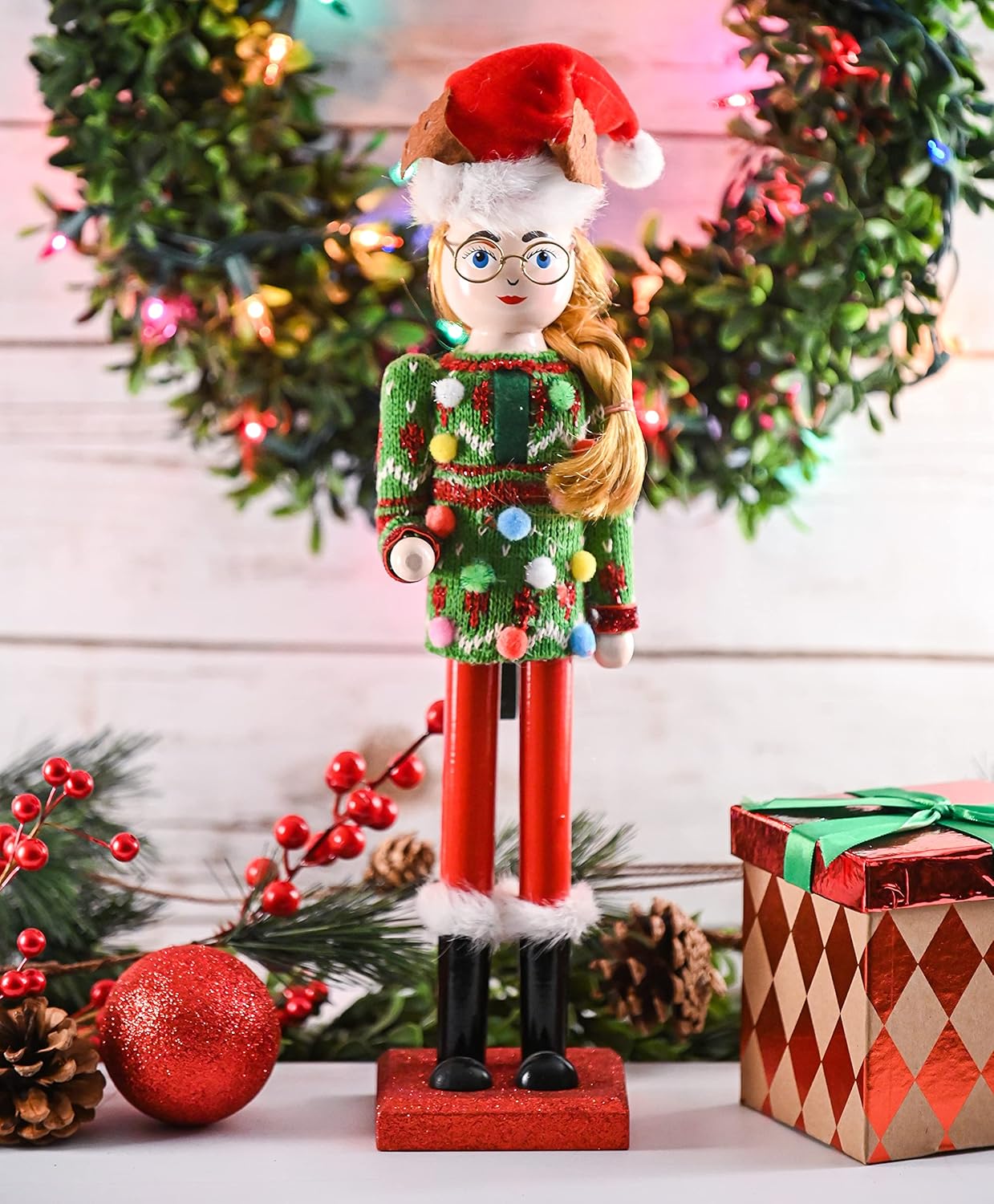 Ornativity Christmas Ugly Sweater Nutcracker – Red and Green Wooden Nutcracker Woman with an Ugly Sweater and Reindeer Hat Xmas Themed Holiday Nut Cracker Doll Figure Decorations 15"