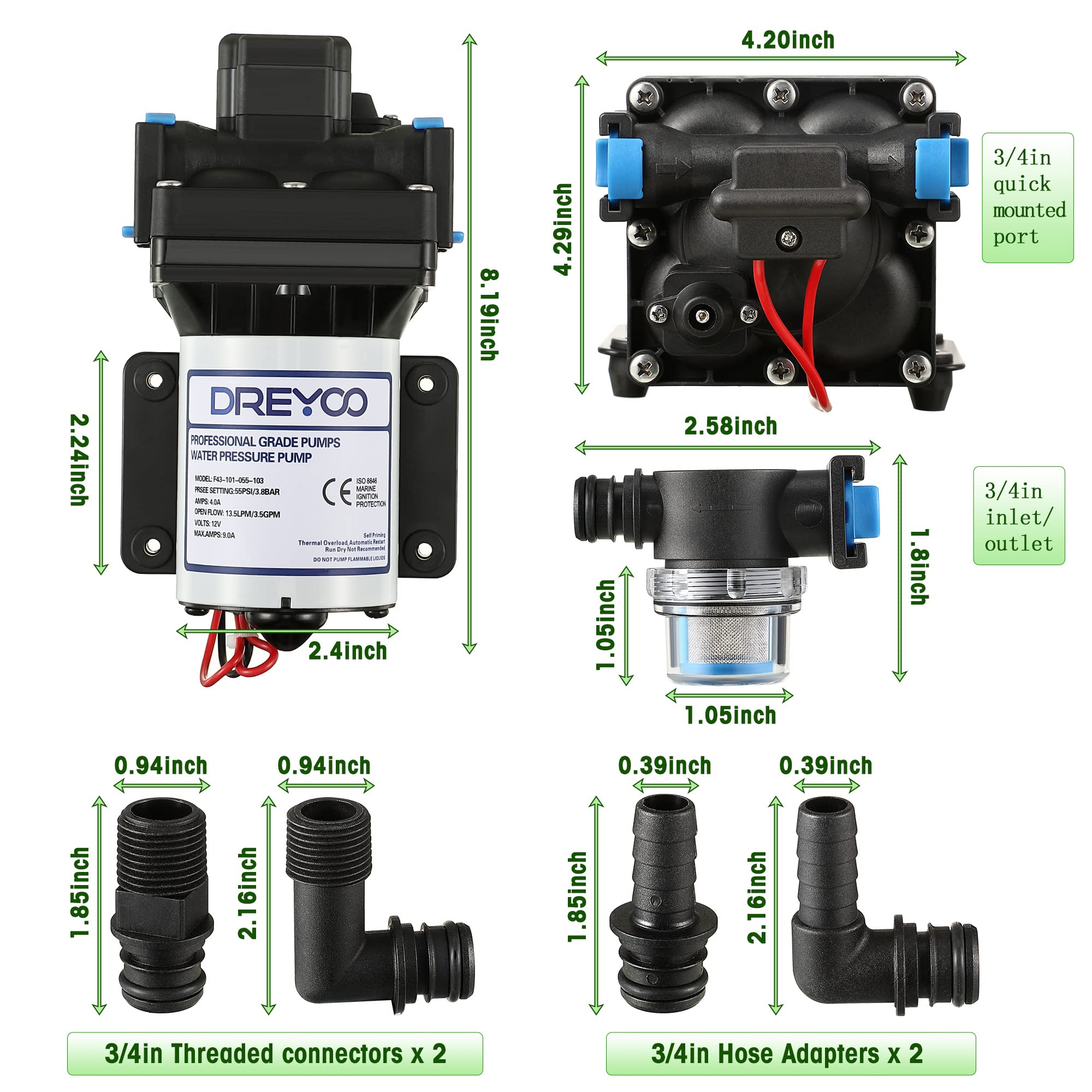 RV Water Pump 12V, 50 PSI Water Pressure 2.9 GPM Water Pump Increase - View #2