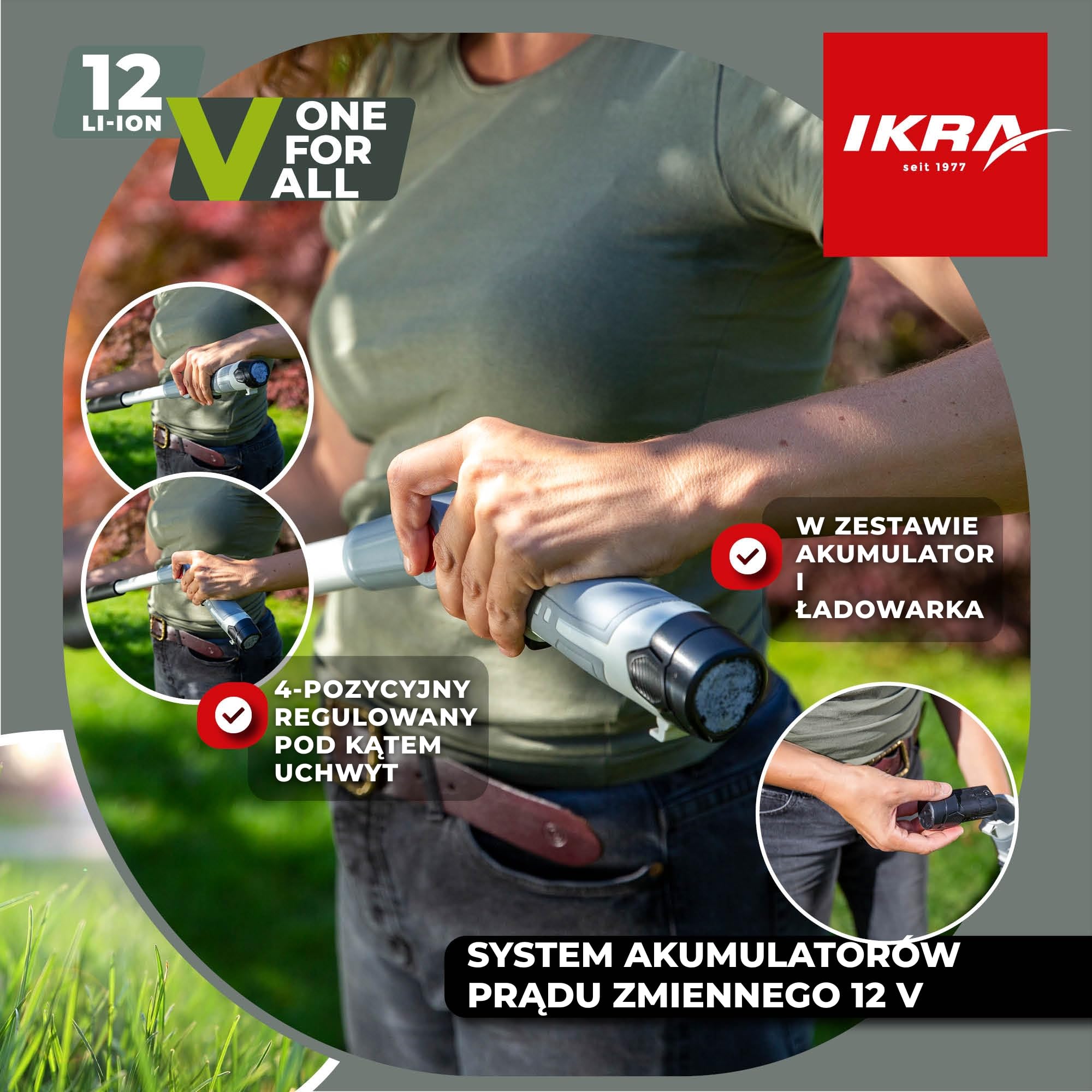 IKRA Nożyce do żywopłotu IATHS 1241 teleskopowe z aku, ładowarką, okularami | Regulowany teleskop 1,80–2,35 m,długość cięcia 41 cm, kąt do 135°, kompatybilny z akumulatorami IKRA 12 V