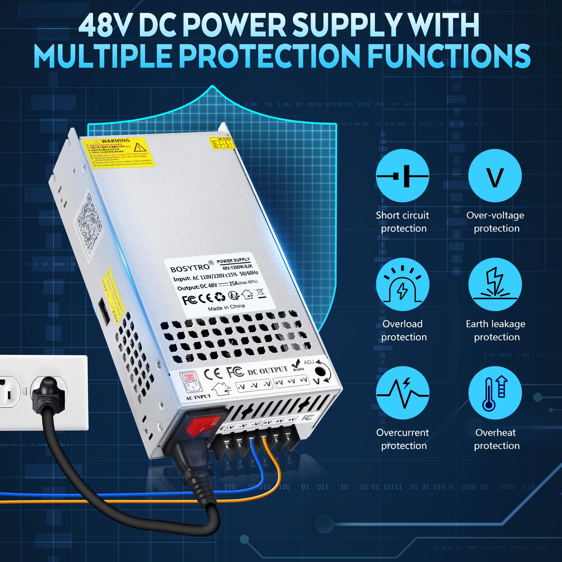 Ulepszony zasilacz impulsowy 48 V, 25 A, 1200 W, transformator LED 230 V na 48 V, DC 48 V, przetwornica napięcia, z kablem sieciowym i wyłącznikiem bezpieczeństwa, transformator do ogrzewania