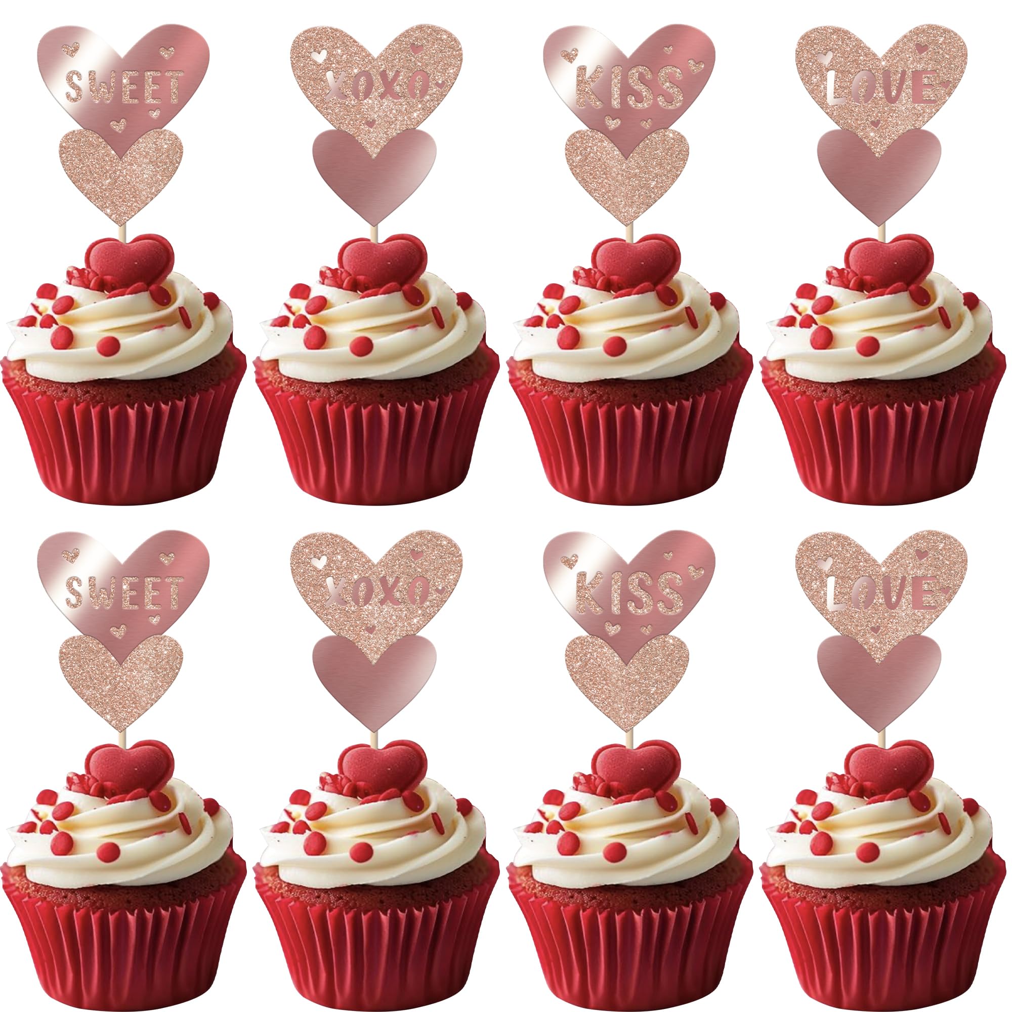 Xsstarmi 24 Pack Love Heart Cupcake Toppers Glitter Heart Kiss Me Cupcake Picks Sweet Love Cake Decorations for Wedding Engagement Bridal Shower Happy Valentine's Day Party Supplies Rose Gold — image 1