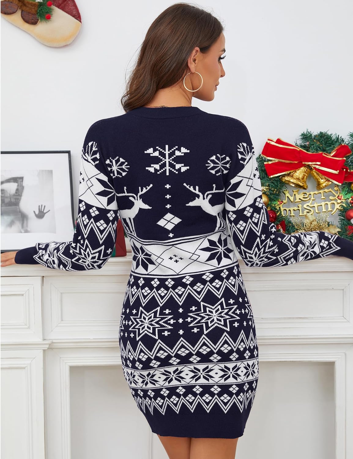 KOJOOIN Women's Cute Christmas Sweater Dress Long Sleeve Crew Neck Elk Floral Printed Oversized Pullover Tunic Tops - Image 6