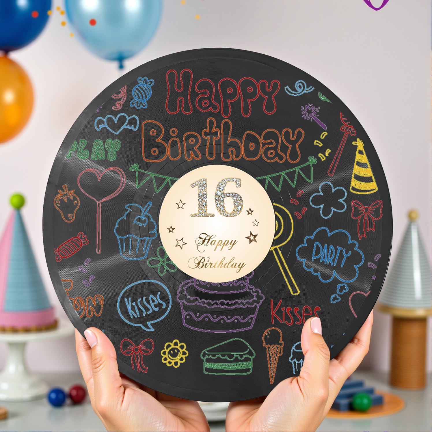 Płyta winylowa 'Sweet 16 Birthday' dekoracje 38 cm x 11,15 cm, dekoracje na 16. urodziny, przyjęcie, plakat, alternatywa dla księgi gości na 16. urodziny, świetny prezent dla dziewcząt lub chłopców