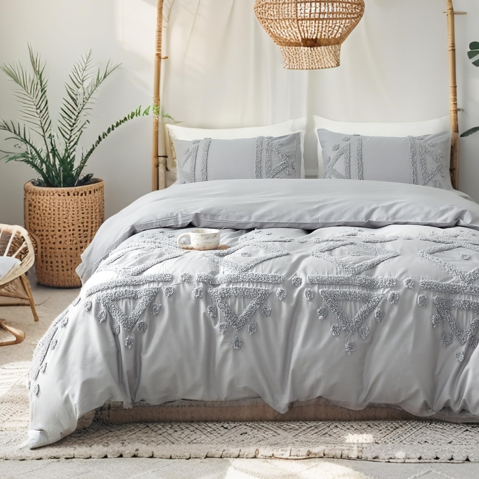 Simple&Opulence 100% Cotton Boho Tufted Duvet Cover Set, 3Pcs Textured Embroidery Comforter Cover Set -1 Duvet Cover&2 Pillowcases, Soft Breathable