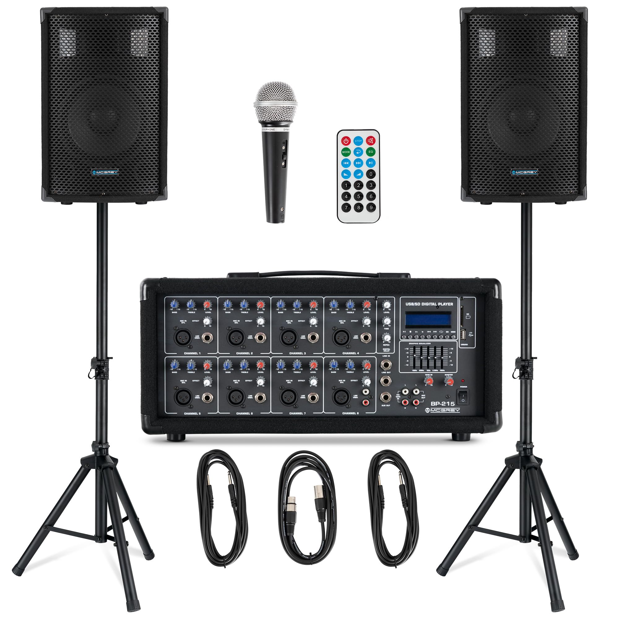 McGrey BP-215 Bandpack PA-System: mixer amplificatore 8 canali, riverbero digitale, Bluetooth, slot USB/SD, casse 2 vie 15" woofer, microfono, supporti, cavi, 150 Watt.