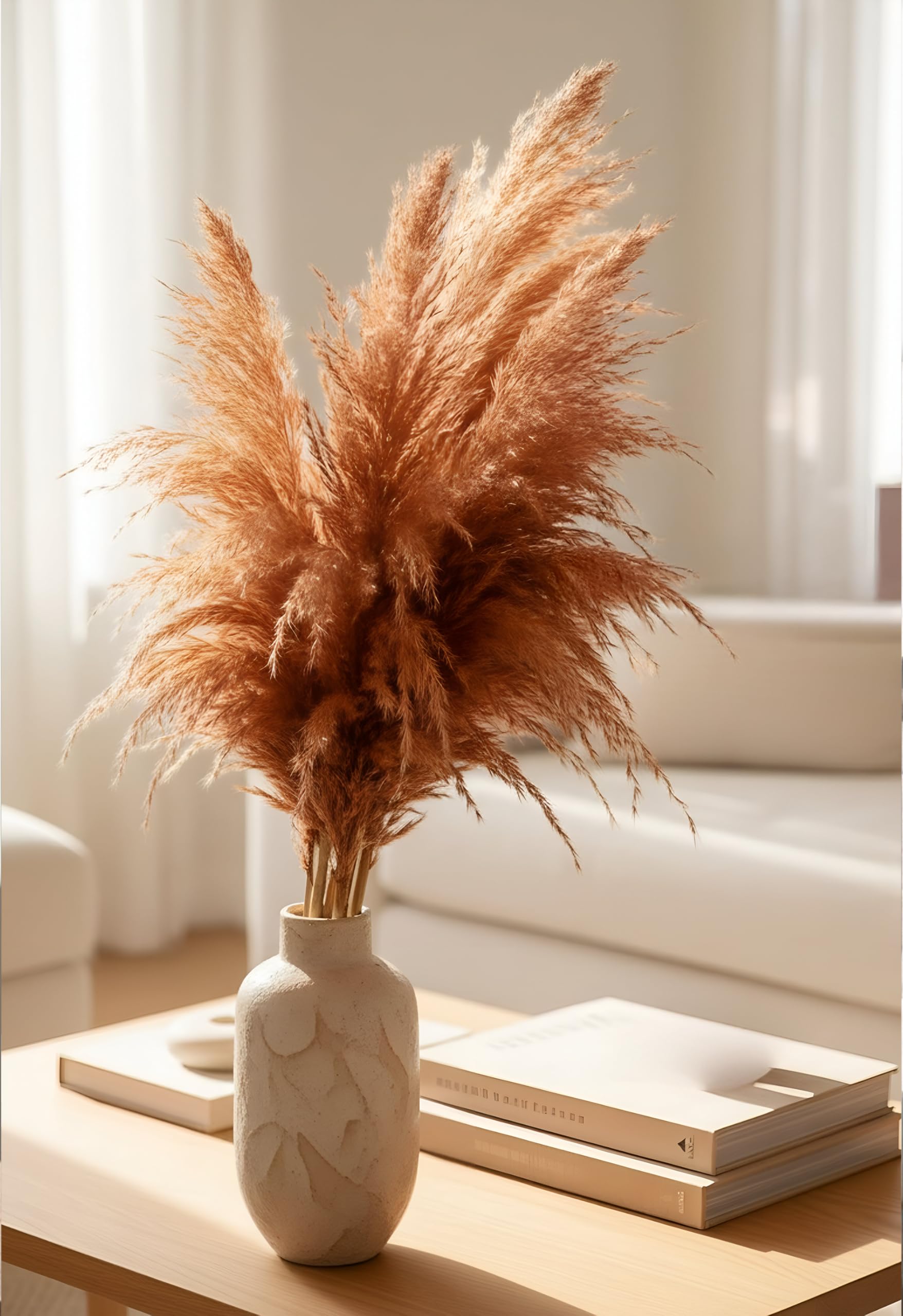 Extra Fluffy Brown Pampas Grass - 5 Piece Preserved Brown Pampas Plumes for Boho Home Decor, Tall Vase Filler, and Modern Wedding Table Centerpieces