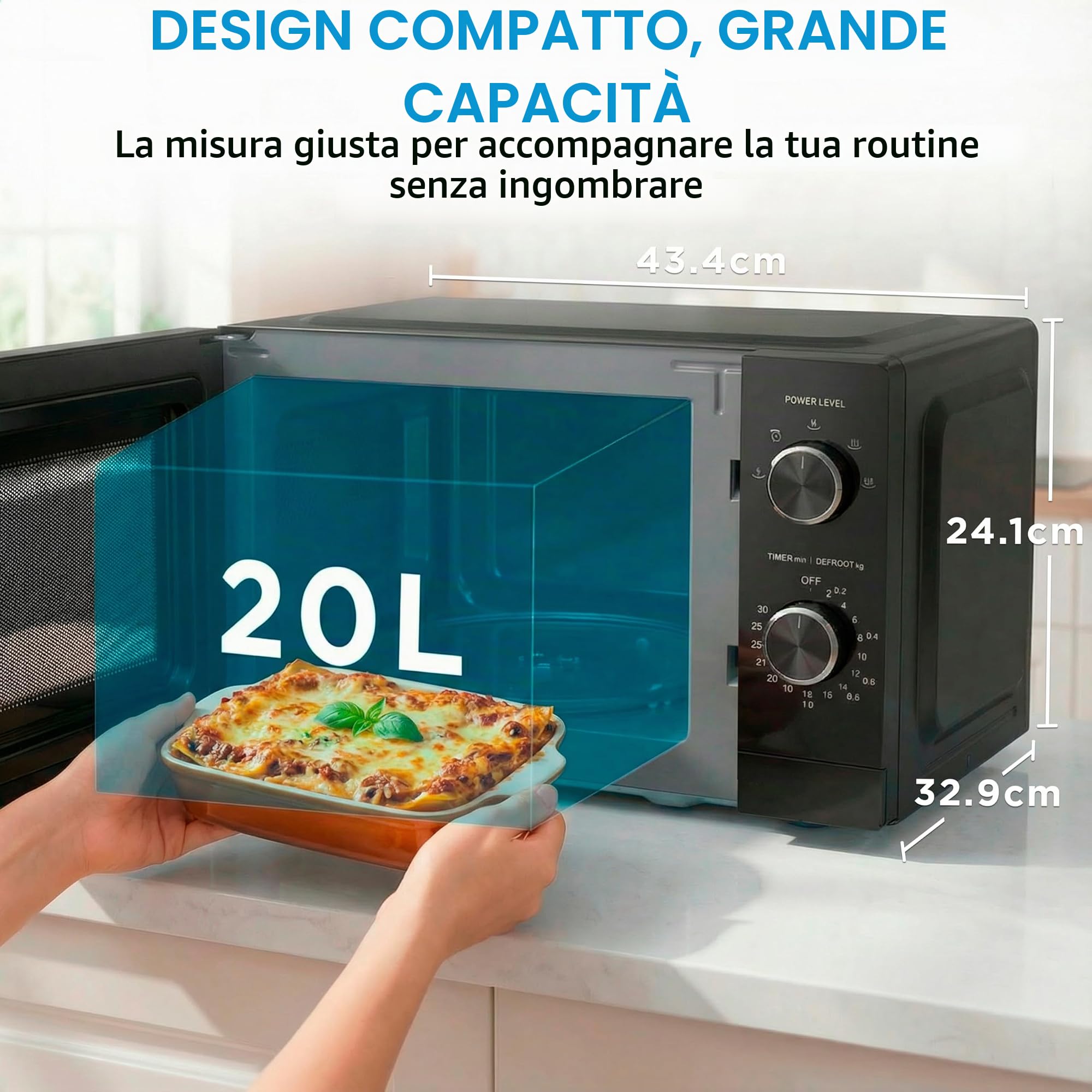 Midea Microonde da 20 litri e 700 W di potenza, forno a microonde nero da tavolo con piatto girevole, funzione scongelamento, 5 livelli di potenza, timer, forno a microonde senza grill