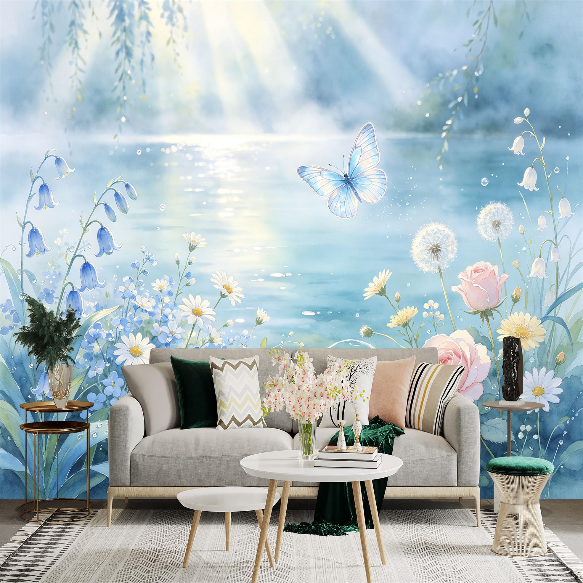 Lnzczhyre Bh260719455 Custom Size Wall Sticker Mural， Blue Butterfly By Calm Lakeside， Watercolor Flowers And Soft Sunlight， For Wall Decoration， Peelandstick Wall Decals.