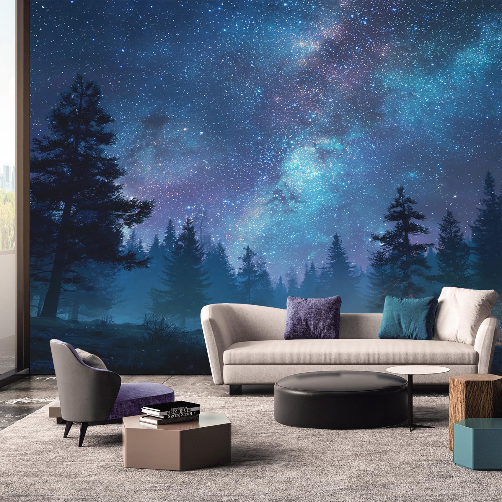 Forest Starry Wallpaper Mural, 3D Effect Galaxy Tree Photo Wallpaper, 400cmx280cm Silk Cloth Wall Art Roll Wallpapers for Wall Covering A-8861