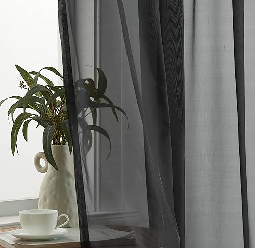 Miniatura 6 de HLC.ME Paneles de cortinas de gasa transparente negra con bolsillo para barra de tratamiento de ventanas para dormitorio y sala de estar (54 x 84