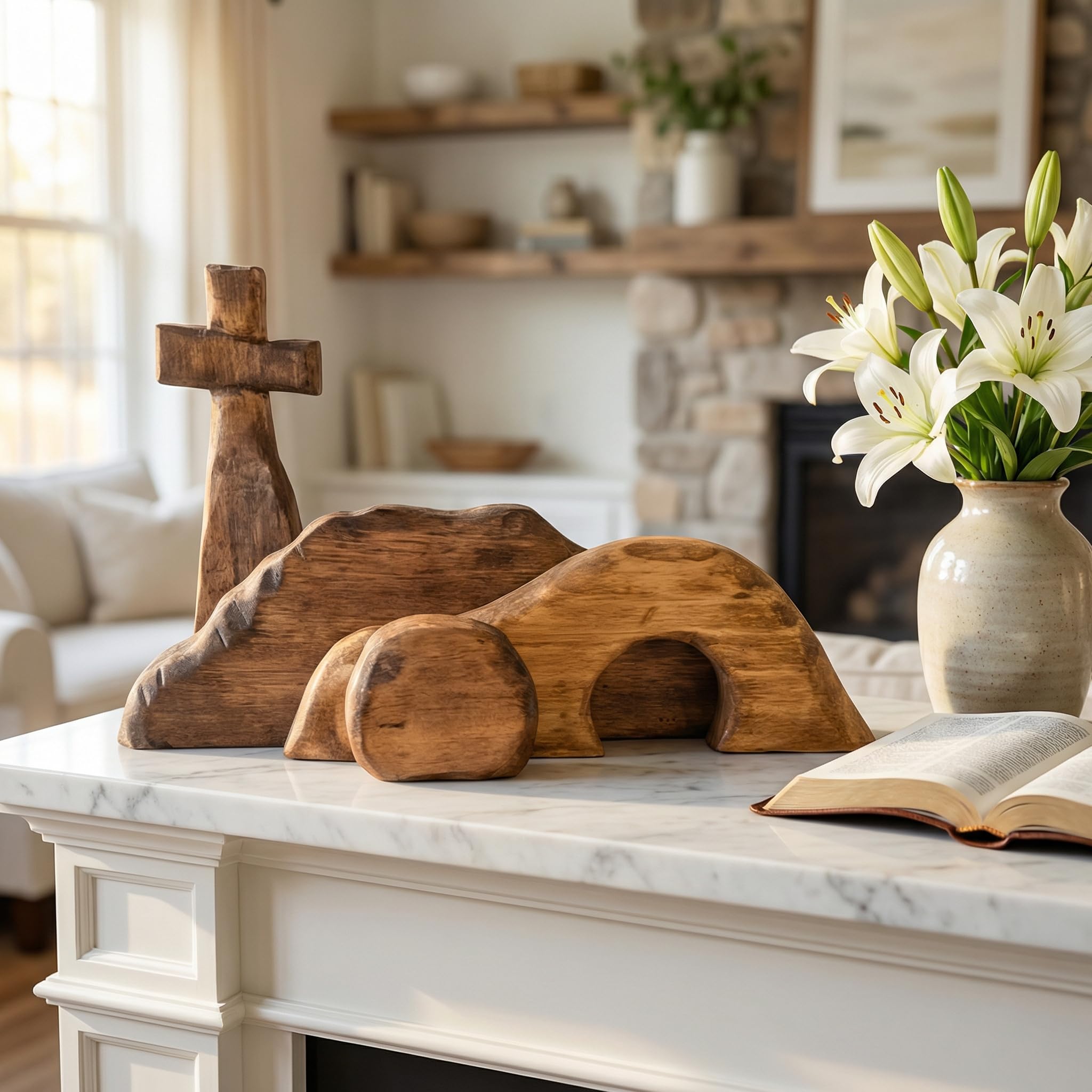 Set da tavolo con croce e tomba vuota, con croce e croce della risurrezione pasquale, decorazione cristiana religiosa pasquale per casa e ufficio