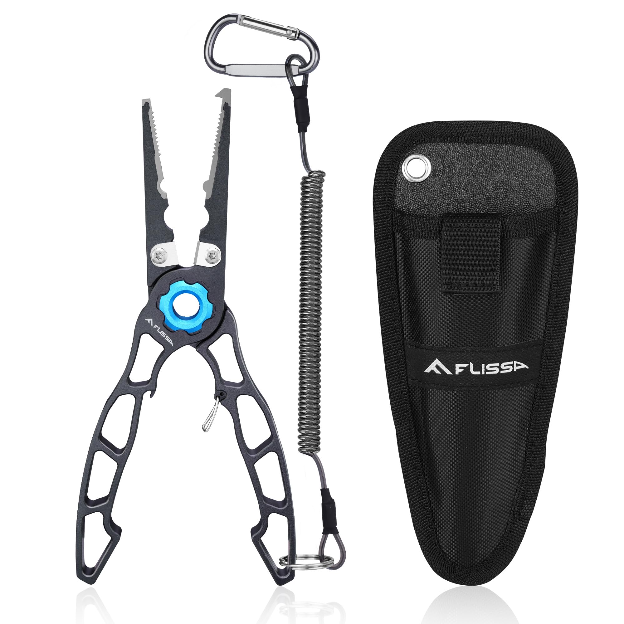Flissa Gray And Ocean Blue Lightweight Fishing Pliers, Multi-Functional Fish Pliers With Safety Lock Design, Titanium Alloy Jaws, Tungsten-Steel Cutters, Lanyard & Carrying Bag, Ideal For Sea & Freshwater Fishing