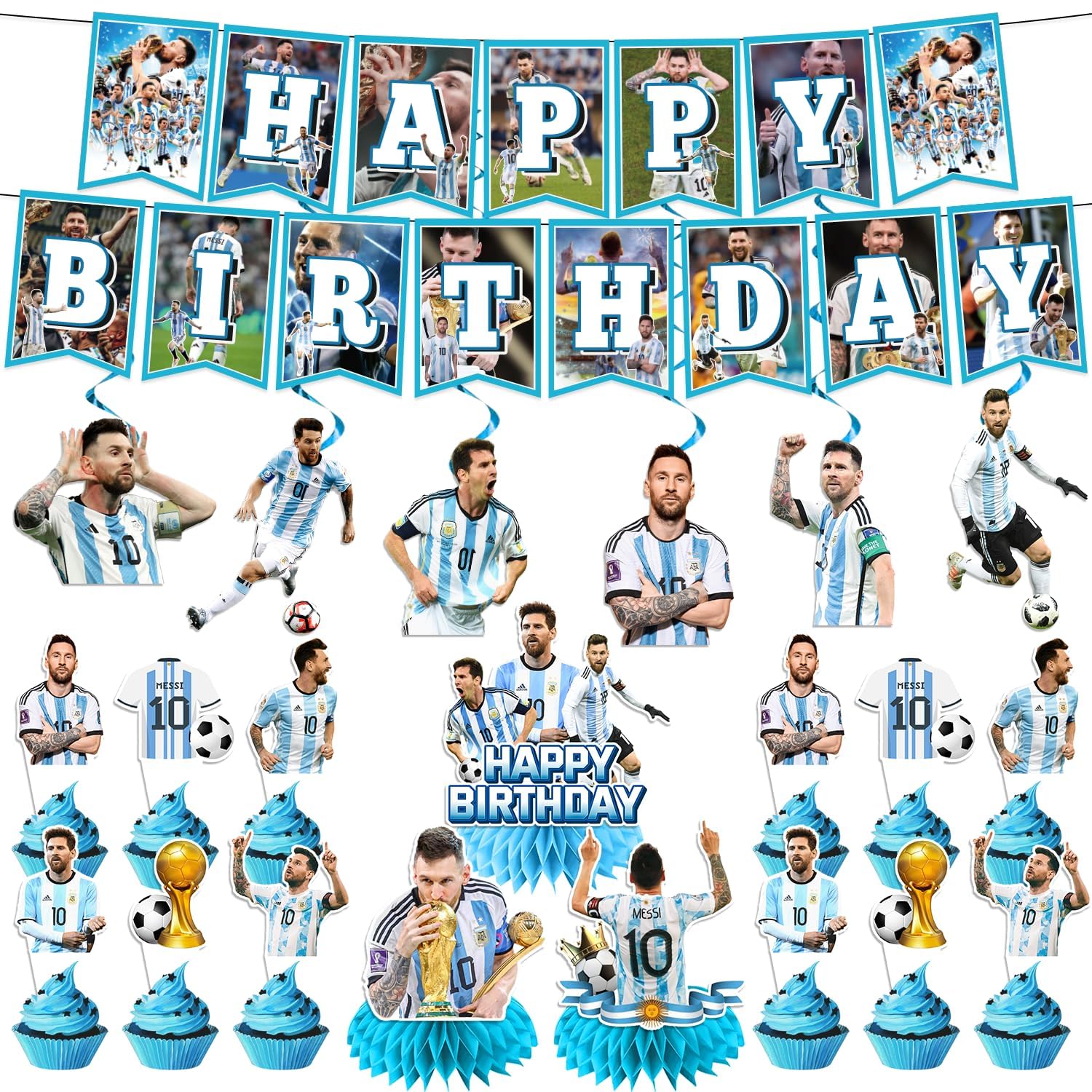 Singult Soccer Birthday Decorations, Soccer Birthday Party Decorations Include 12 Cupcake Topper, 2 Banner, 3 Centerpieces, and 6 Hanging Swirls, Soccer Themed Birthday Party Supplies for Kids