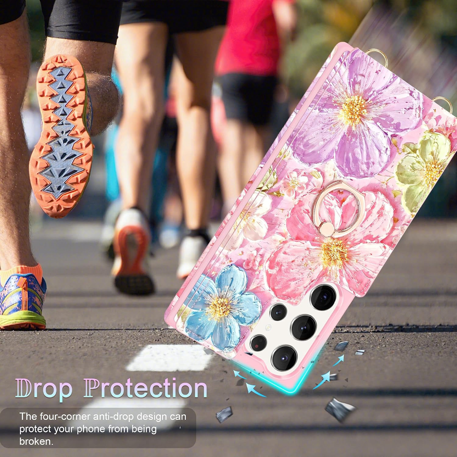 for Samsung Galaxy S24 Ultra Case Wallet with Card Holder&Crossbody Strap,3D Oil Painting Flower Case with [Screen Protector+Camera Lens Protector] Ring Stand&Strap Wrist Flip Cover,Rose Gold