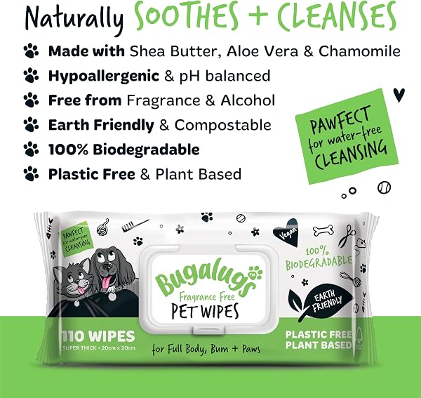 BUGALUGS Dog Wipes, 100% Plastic Free Biodegradable pet wipes for full body, eye wipes, ear wipes, bum & paws. 110 sensitive dog grooming wipes for dogs, puppy & cat grooming (Fragrance Free) - 4