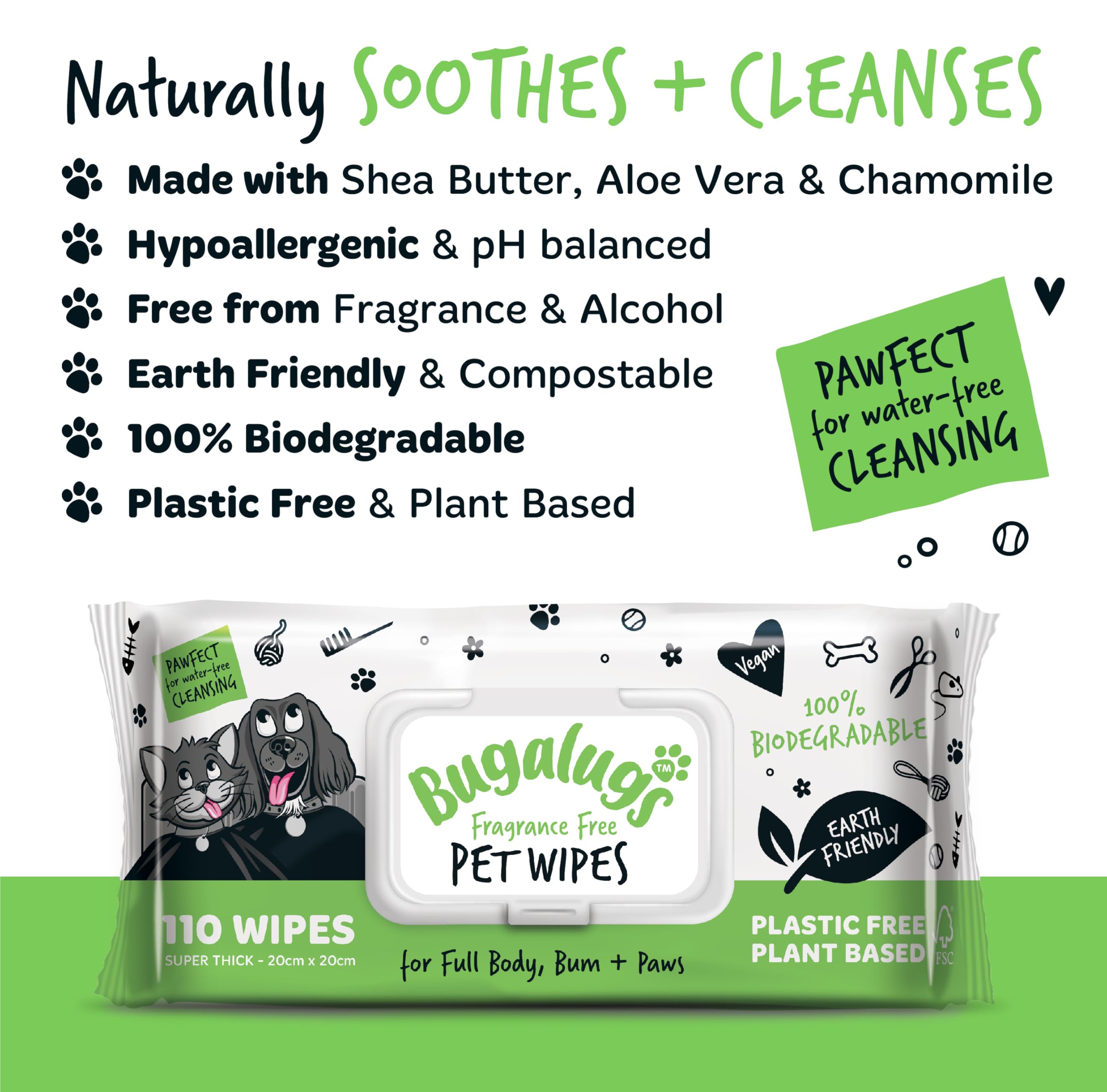 BUGALUGS Dog Wipes, 100% Plastic Free Biodegradable pet wipes for full body, eye wipes, ear wipes, bum & paws. 110 sensitive dog grooming wipes for dogs, puppy & cat grooming (Fragrance Free) - 5