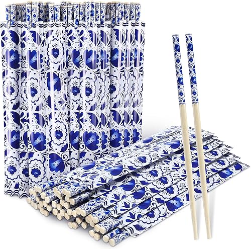 Miniatura 7 de 50 pares de palillos de flor de cerezo a granel con palillos con mangas de flores azules, palillos desechables de bambú, eucalipto, regalos de boda,