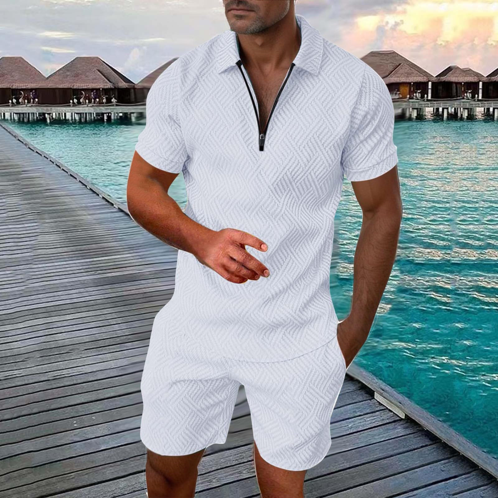 Genérico Chándal Deportivo para Hombre Cremallera Camiseta y Pantalones Cortos 2 Piezas Verano Conjunto S-6XL