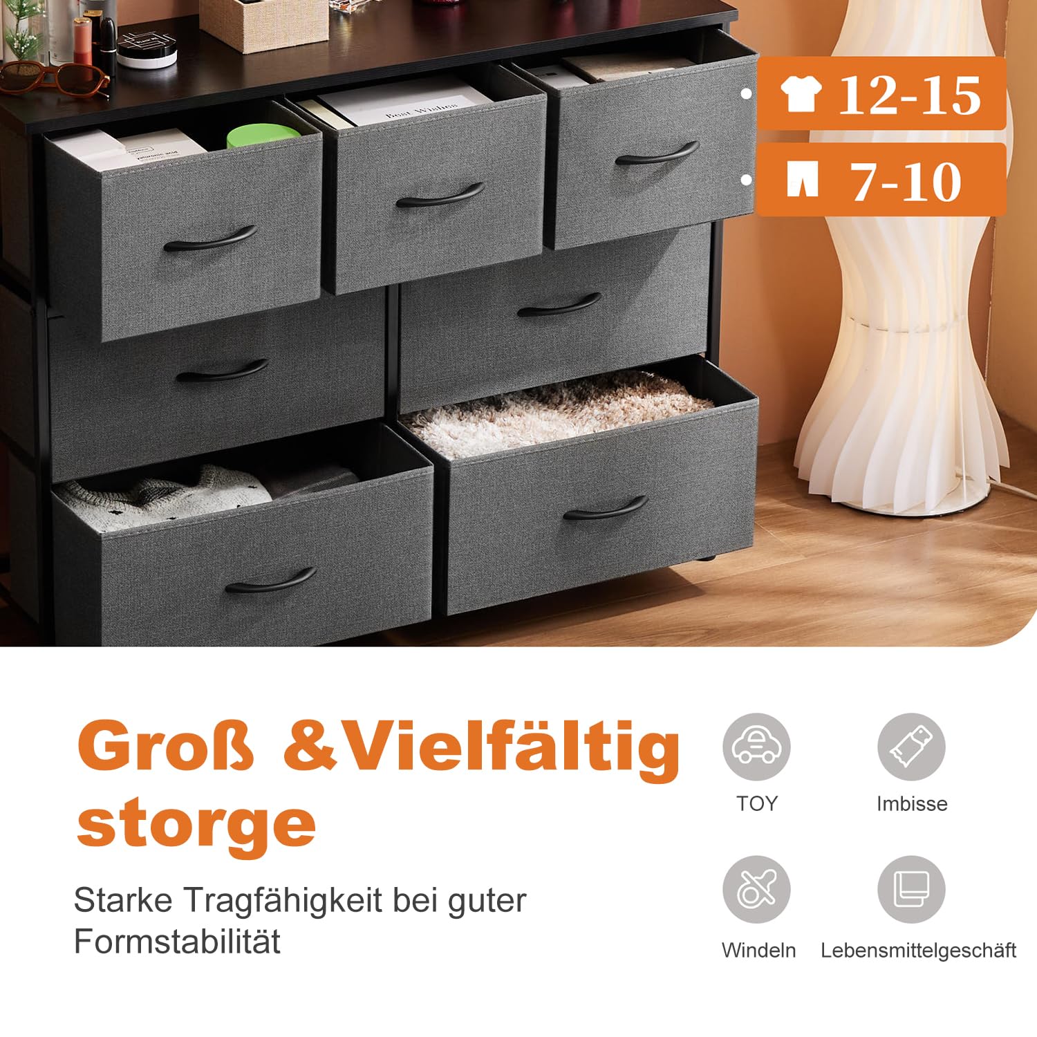 Dumos Kommode für Schlafzimmer mit Stoffschubladen hohe Organizer für Kleidung Schrank Kinderzimmer Aufbewahrungsturm mit Schrank Metallrahmen Holzplatte leichte – Bild 3