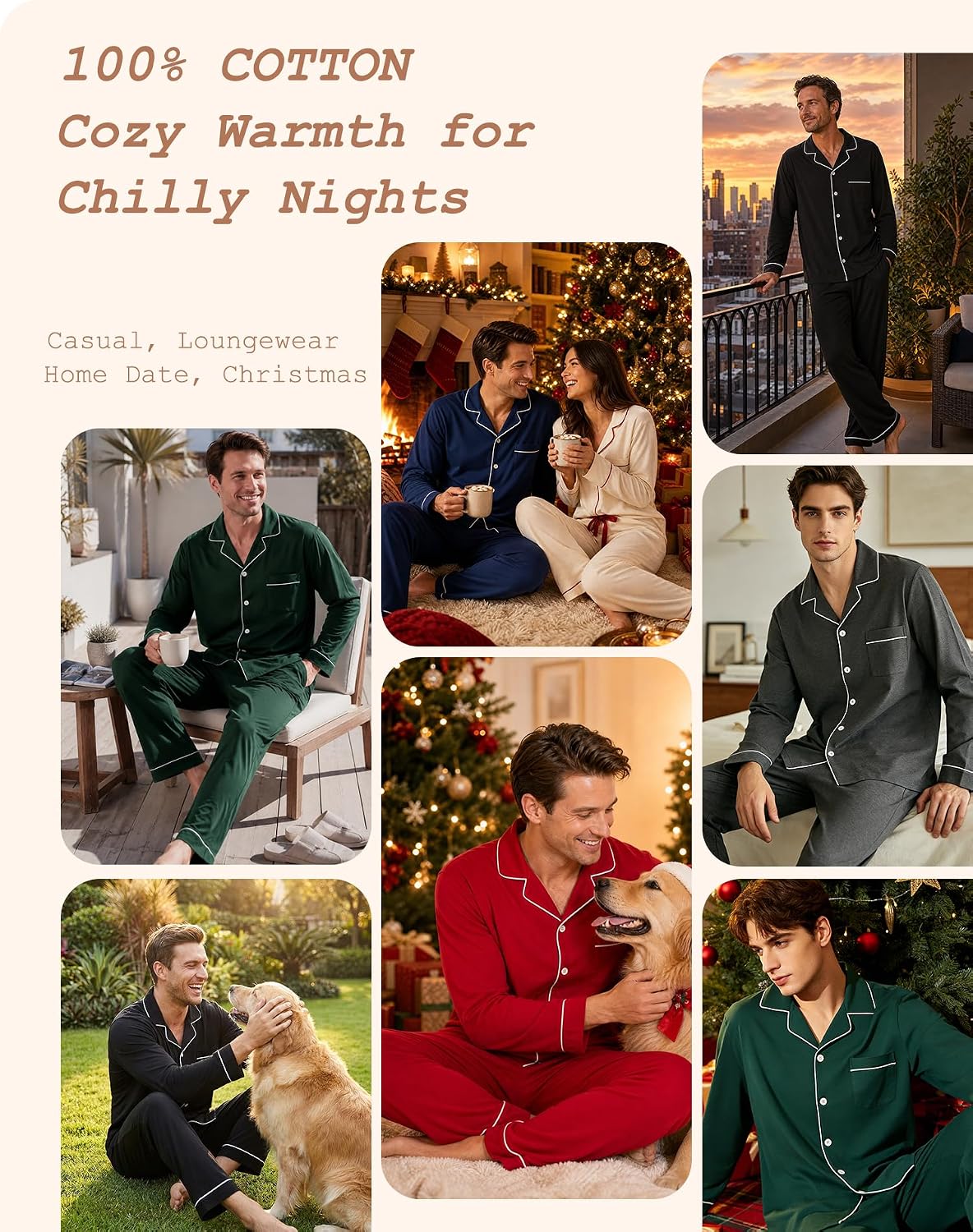 SWOMOG Mens 100% Cotton Pajama Sets, Soft Long Sleeve Sleepwear Pjs Sets