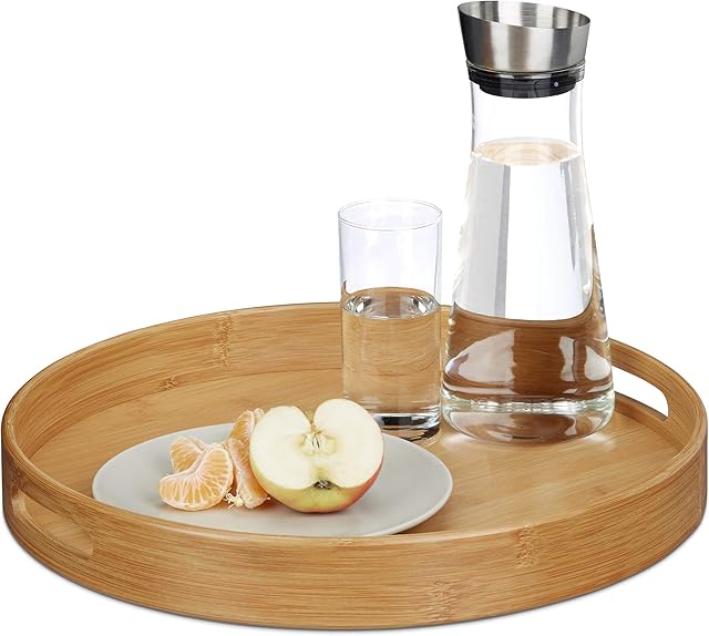 Relaxdays Round Bamboo Serving Tray, Raised Edge, Food Tray, Cut-Out Handles, Size: 5 x 38.5 x 38.5 cm, Wood, Natural